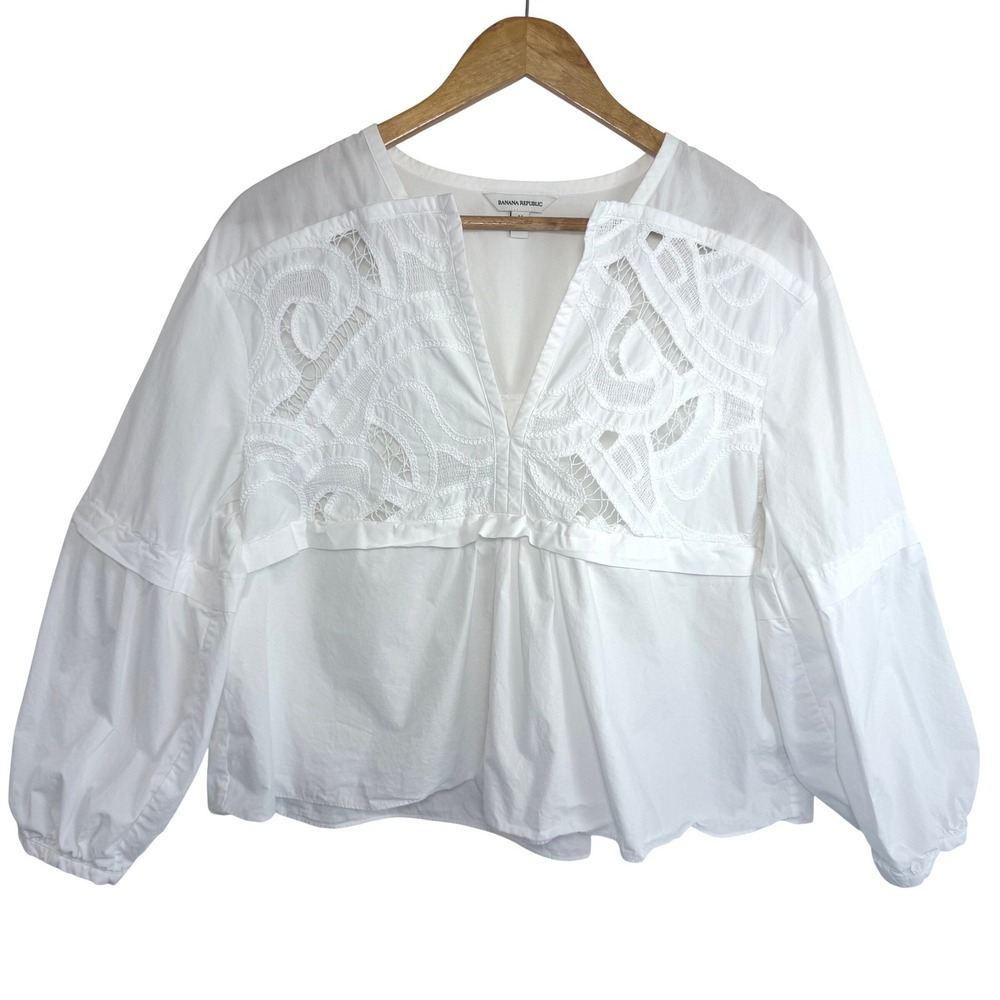 Banana Republic Embroidered Peasant Blouse M Balloon Sleeves White Cotton Boho
